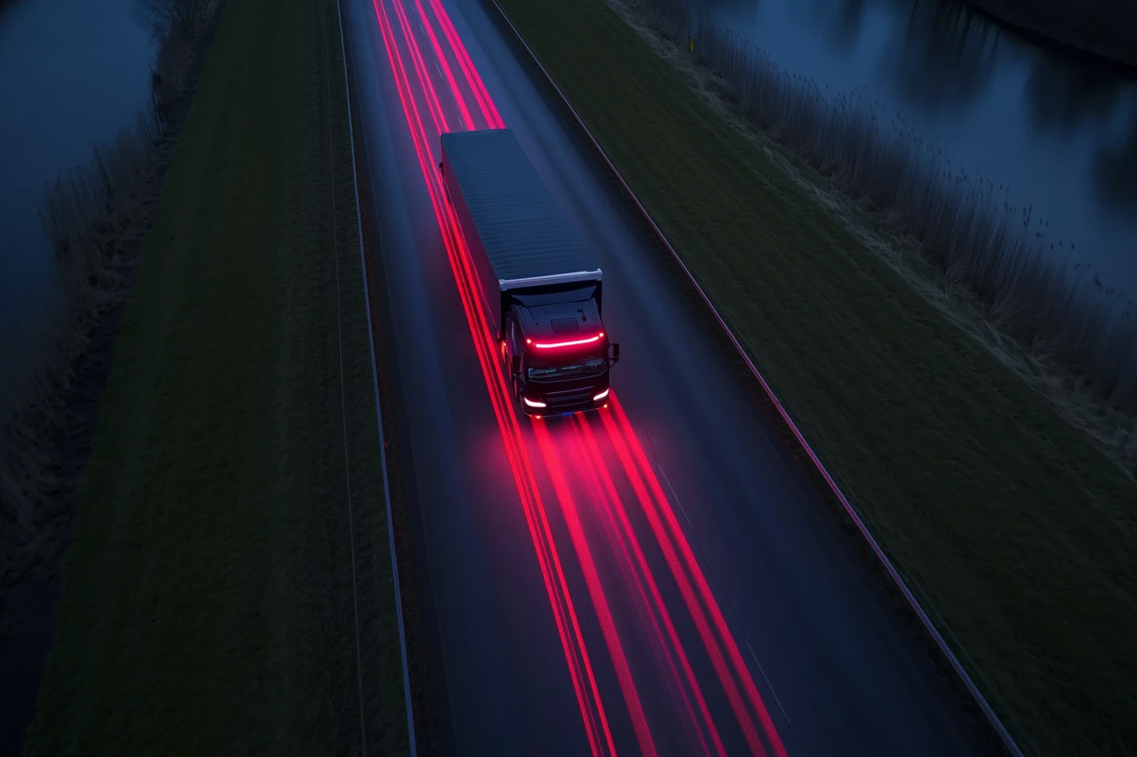 truck riding the road taken from top with long red lights.