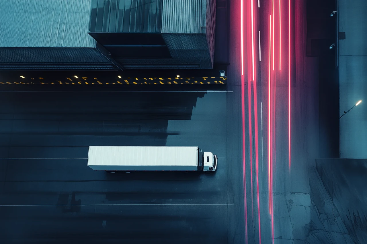 A top-down view of a white truck driving on a dark road beside a building, with red light streaks on an adjacent lane.