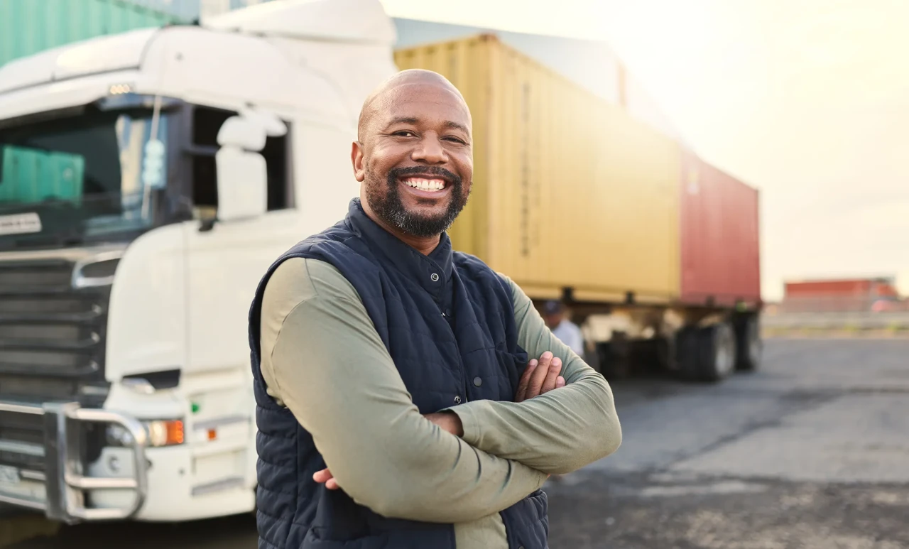Smile, industrial and black man ready to transport ecommerce trade goods or stock.