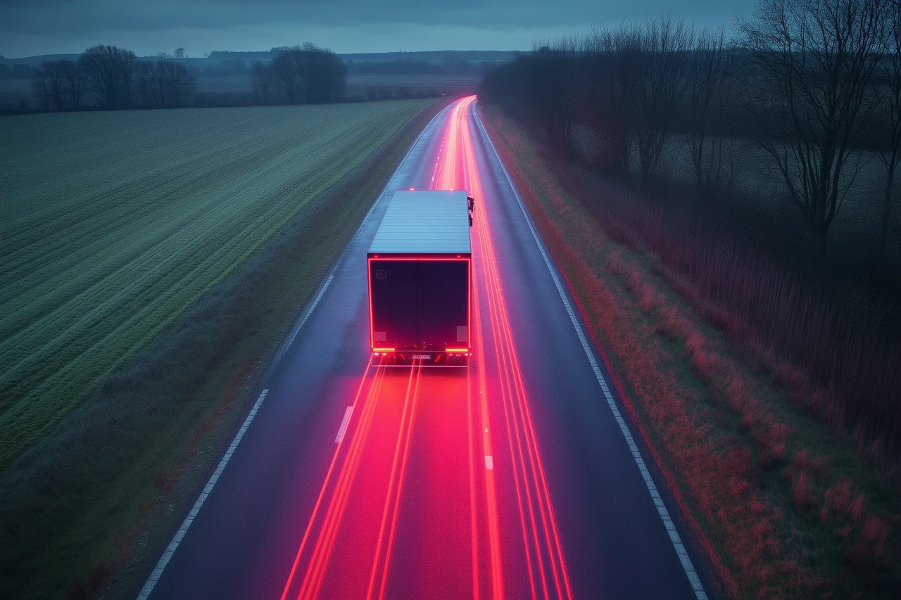 a truck driving down a rural road at dusk, with its red taillights creating long streaks due to a motion blur effect.