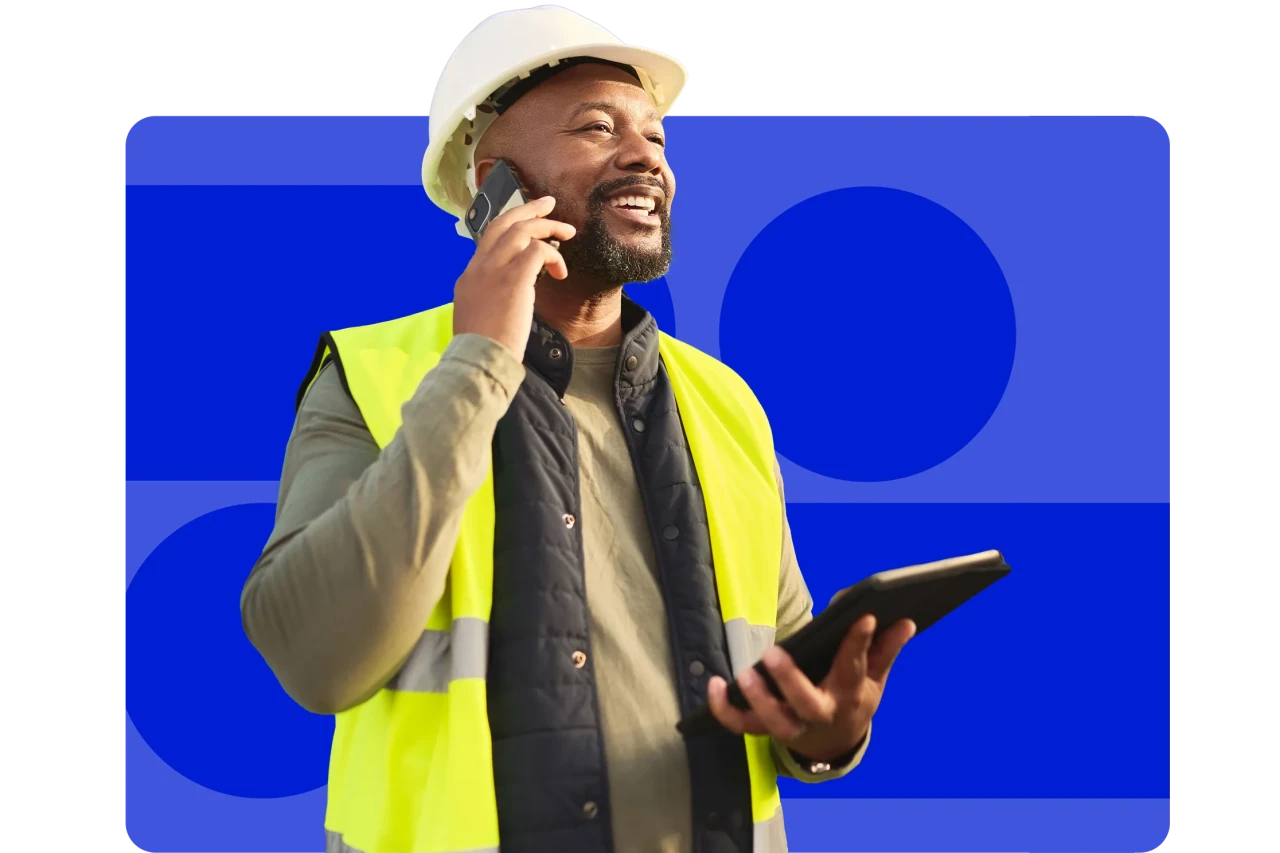 Logistics, shipping and construction worker on the phone with tablet in shipyard.